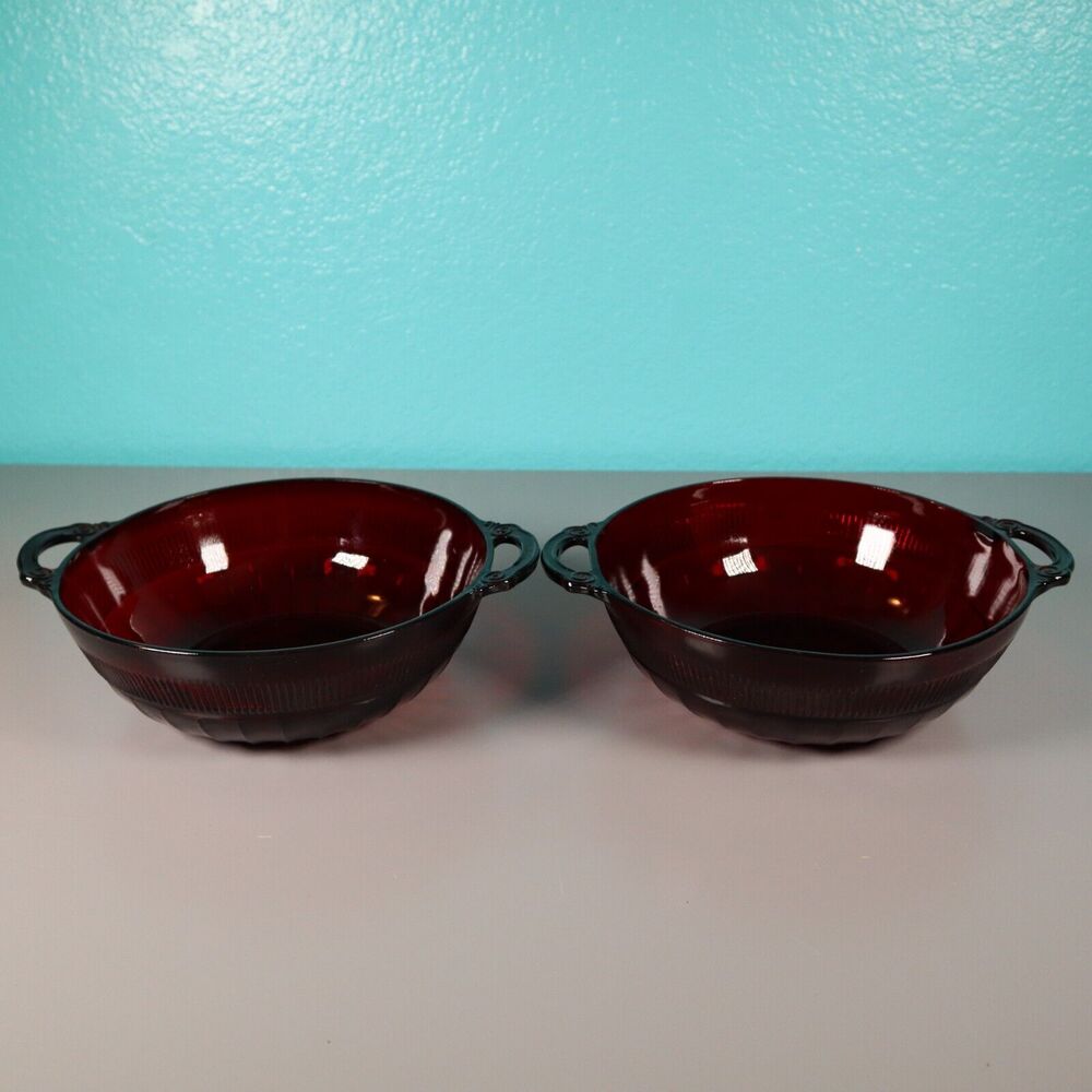Vintage Ruby Red Bowls w/ Handles 2 Bowls 8 Diameter 9 3/4 handle to handle